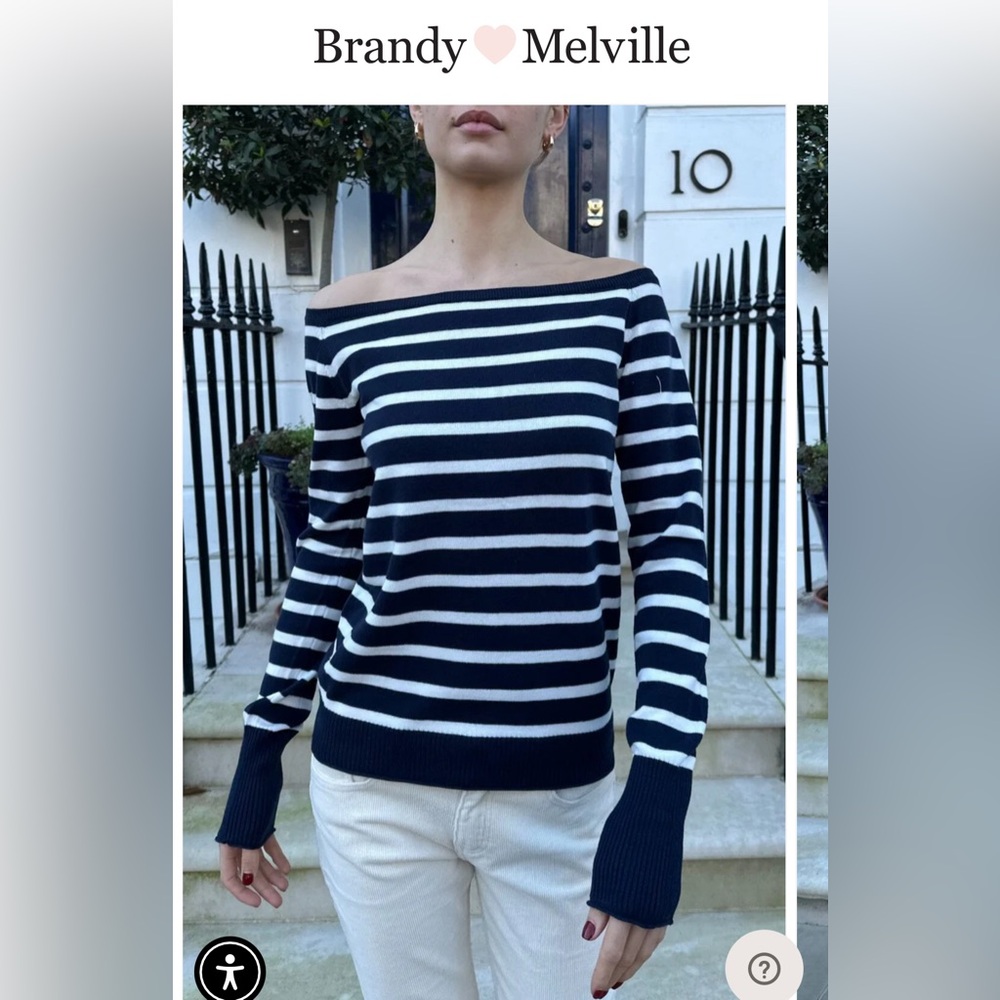 Brandy Melville Off-the-Shoulder Navy and White Bonnie top